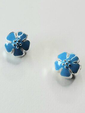 New TWO Blue, Silver Puffy Flower Charm Beads For Pandora Large Hole Bracelets